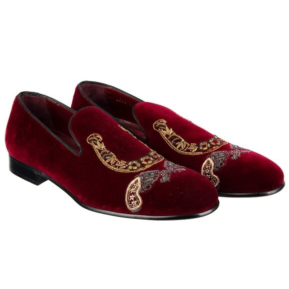 Dolce & Gabbana - Pistols Horseshoe Embroidery Velvet Loafer Shoes MILANO Red EU - Picture 1 of 5